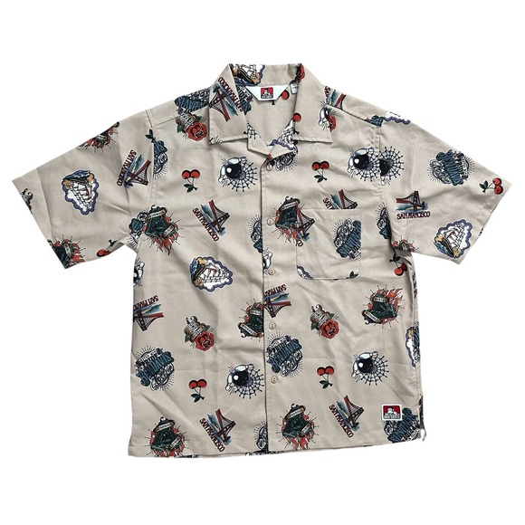 Rare Ben Davies Tattoo Print Inked Button San Francisco Beige Shirt Sz S Unisex - Picture 2 of 12
